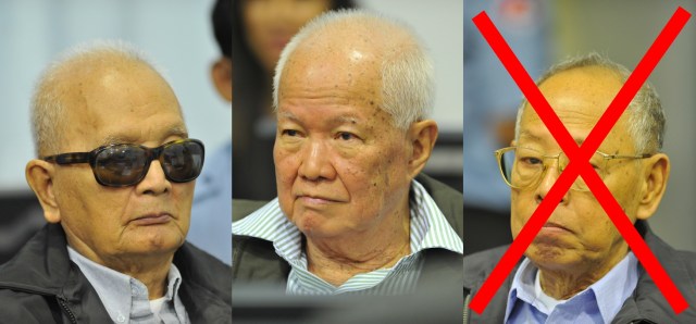 Nuon Chea (links) und Khieu Samphan (Mitte) werden ab sofort auf der Anklagebank auf die Gesellschaft von Ieng Sary verzichten müssen. Fotos: ECCC